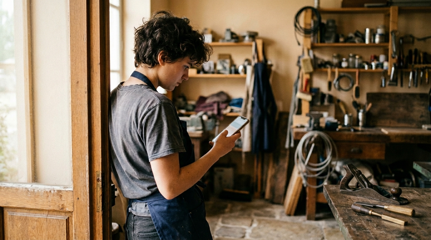 Jeune apprenti(e) consultant son smartphone à l'entrée de son atelier en France, recherche d'aides au permis.