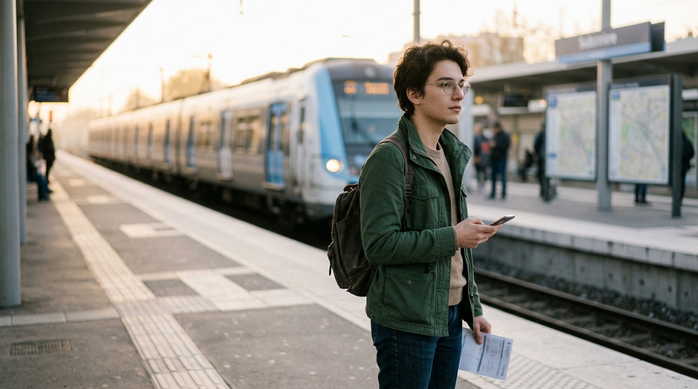 Jeune francilien à un quai de tram ou RER en banlieue Île-de-France, en route vers son auto-école.