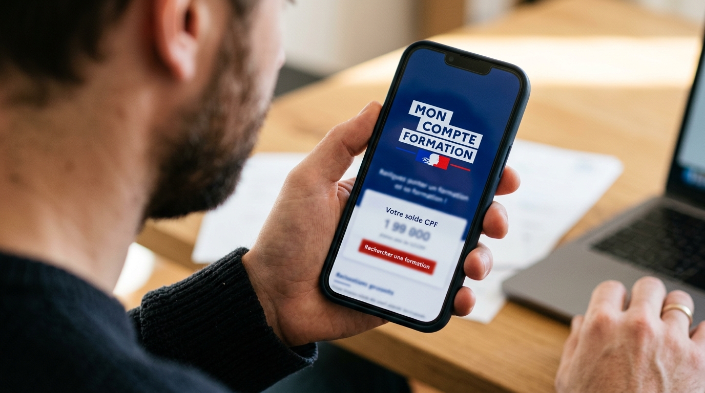 Salarié(e) consultant son compte Mon Compte Formation depuis son ordinateur portable pour financer son permis B en 2026.