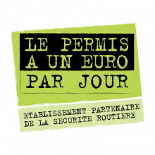 Badge officiel « Le permis à un euro par jour · établissement partenaire de la Sécurité routière ».